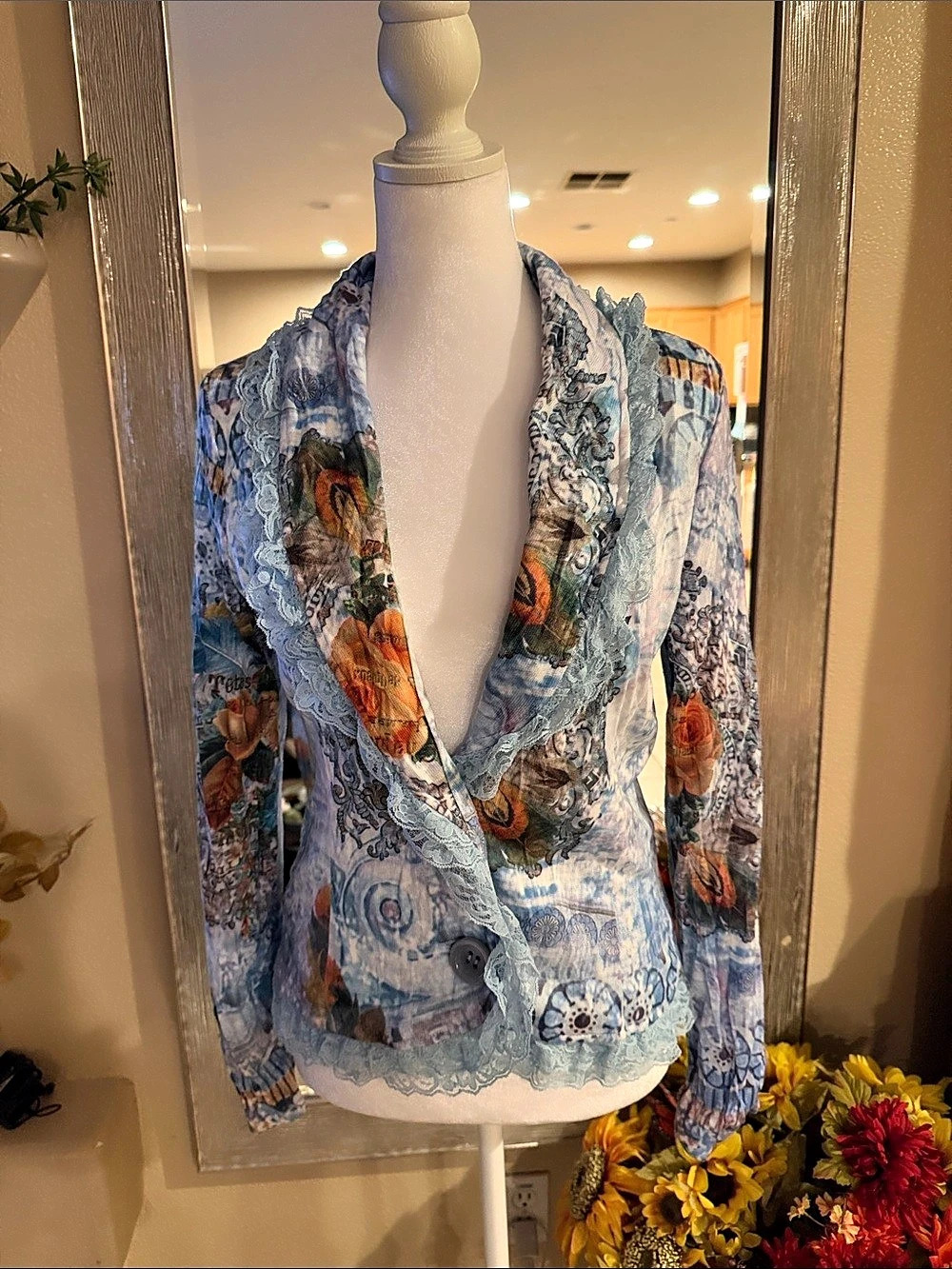 Alberto Makali Floral Lace-Trim Jacket in Blue & Orange Size Medium
